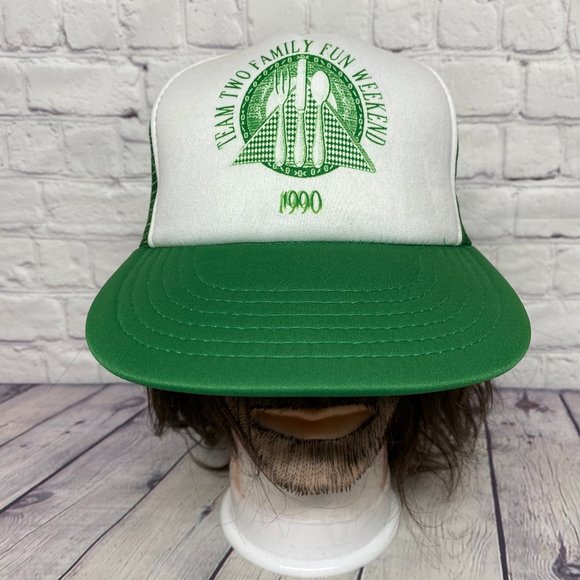 Vintage Trucker Hat Mesh Cap Snapback Green Team Two Family Fun Weekend 1990 90s - Picture 1 of 8